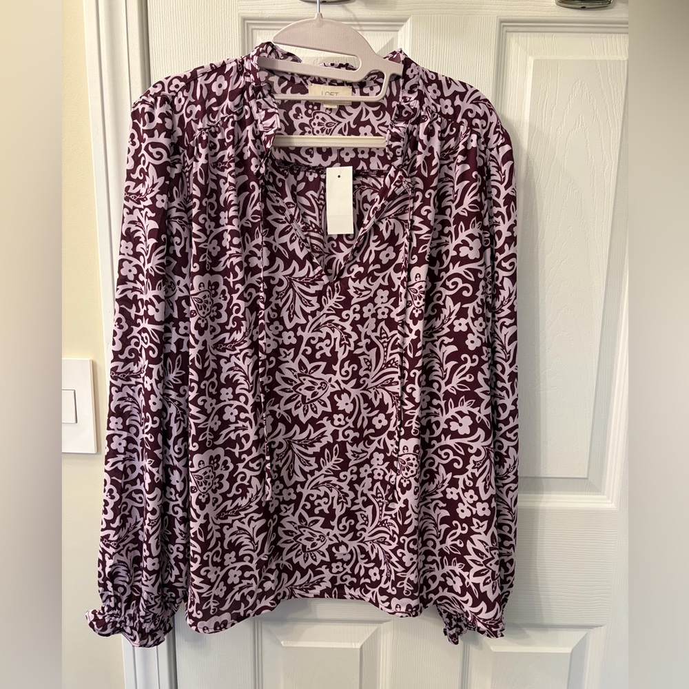 LOFT Burgundy and White Floral Blouse